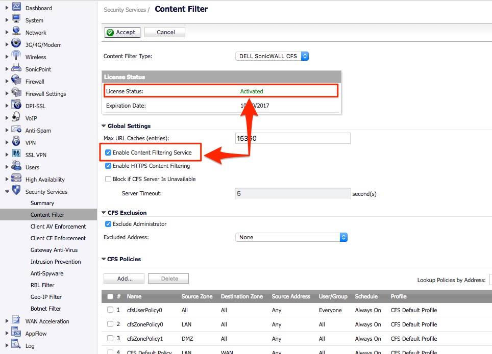 Enabling Content Filtering Services (CFS) in SonicWall SonicOS 6.2
