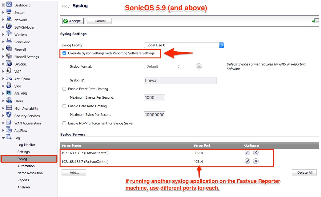 Adding Fastvue Reporter as a Syslog Server in SonicWall SonicOS 5.9