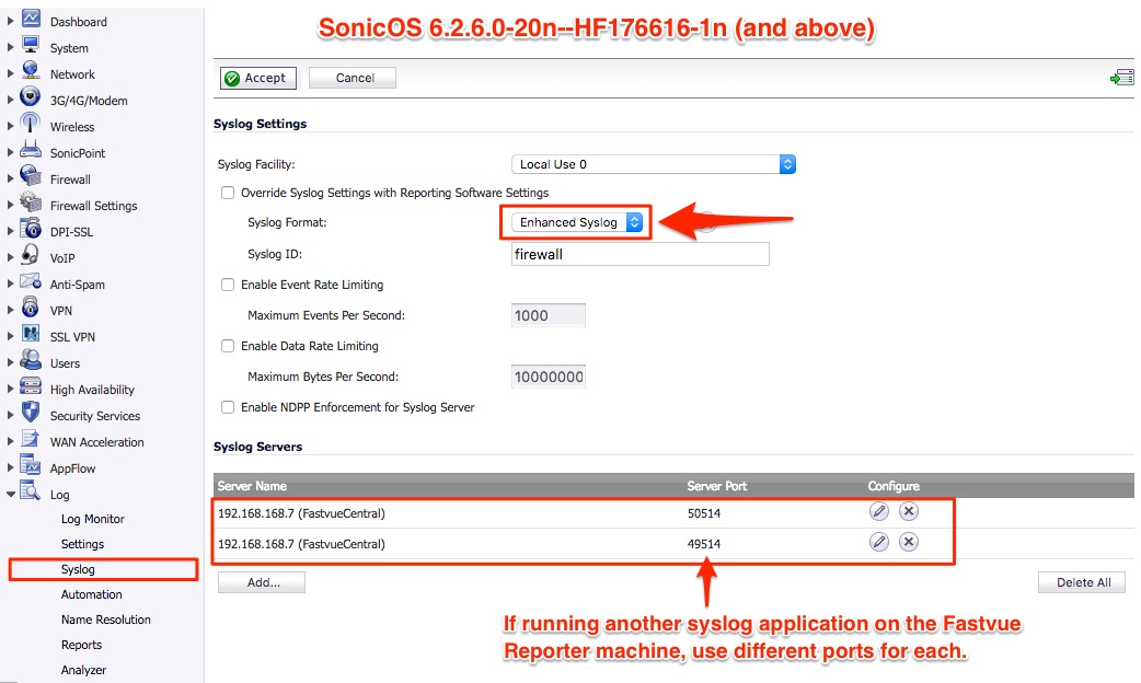 Adding Fastvue Reporter as a Syslog Server in SonicWall SonicOS 6.2