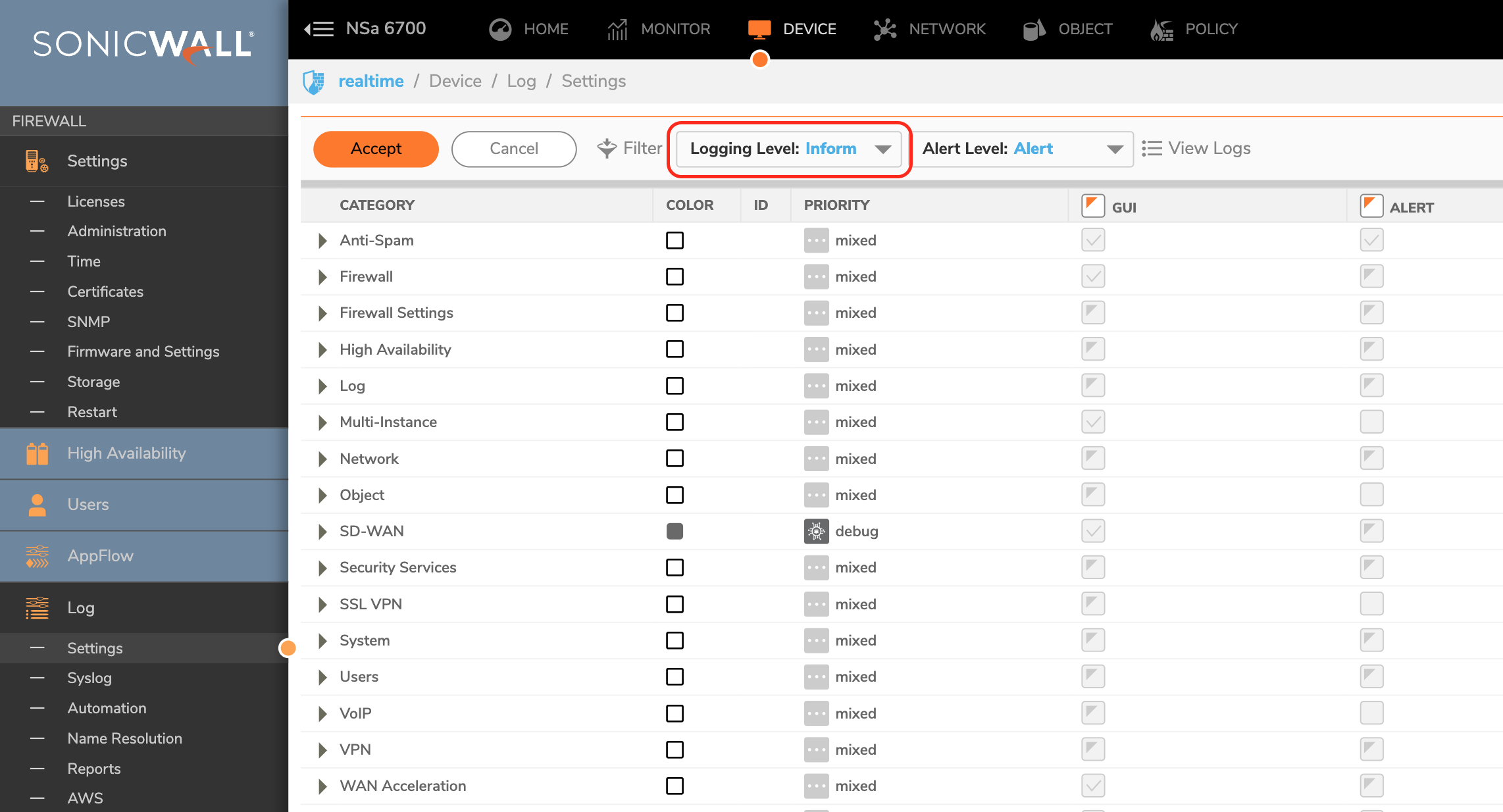 SonicWall SonicOS 7 Logging Level Inform