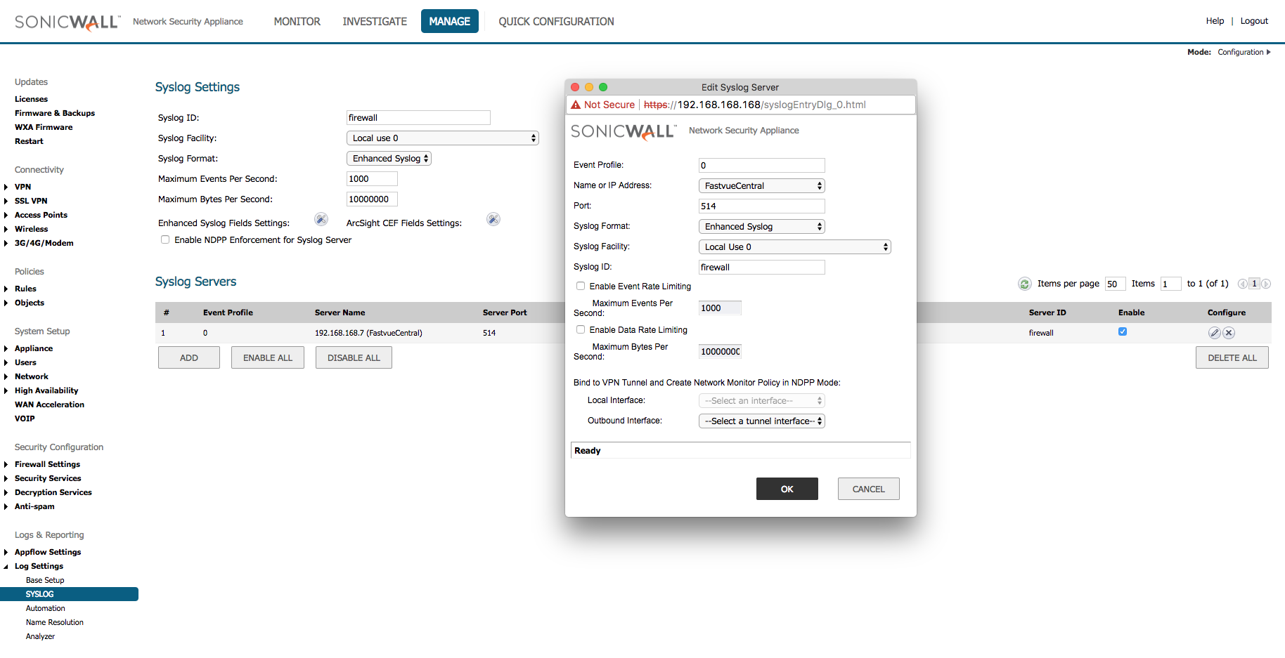 Adding Fastvue Reporter as a Syslog Server in SonicWall SonicOS 6.5